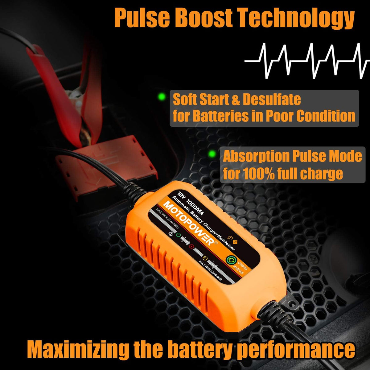 MOTOPOWER 12V 1000mA Automatic Charger - Battery Maintenance - Maintain Charger and Battery Desulfator with Timer Protection.