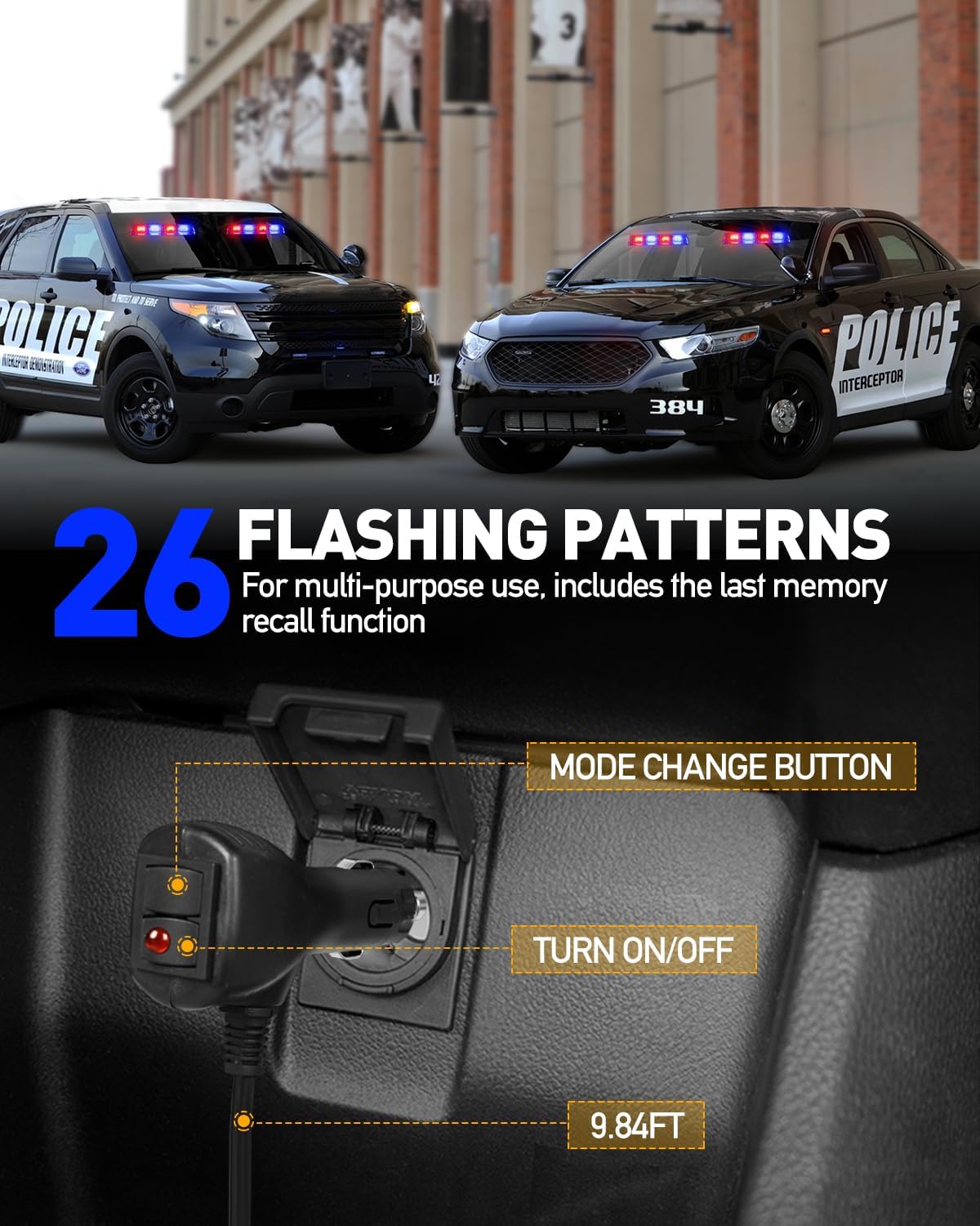 HLauto 2002L Emergency Dash Strobe Lights: Red Blue Safety Lights, Flashing Warning Hazard Windshield Visor Traffic Light Bars for Trucks, Construction Vehicles (2x8.5 inch, 48LED)