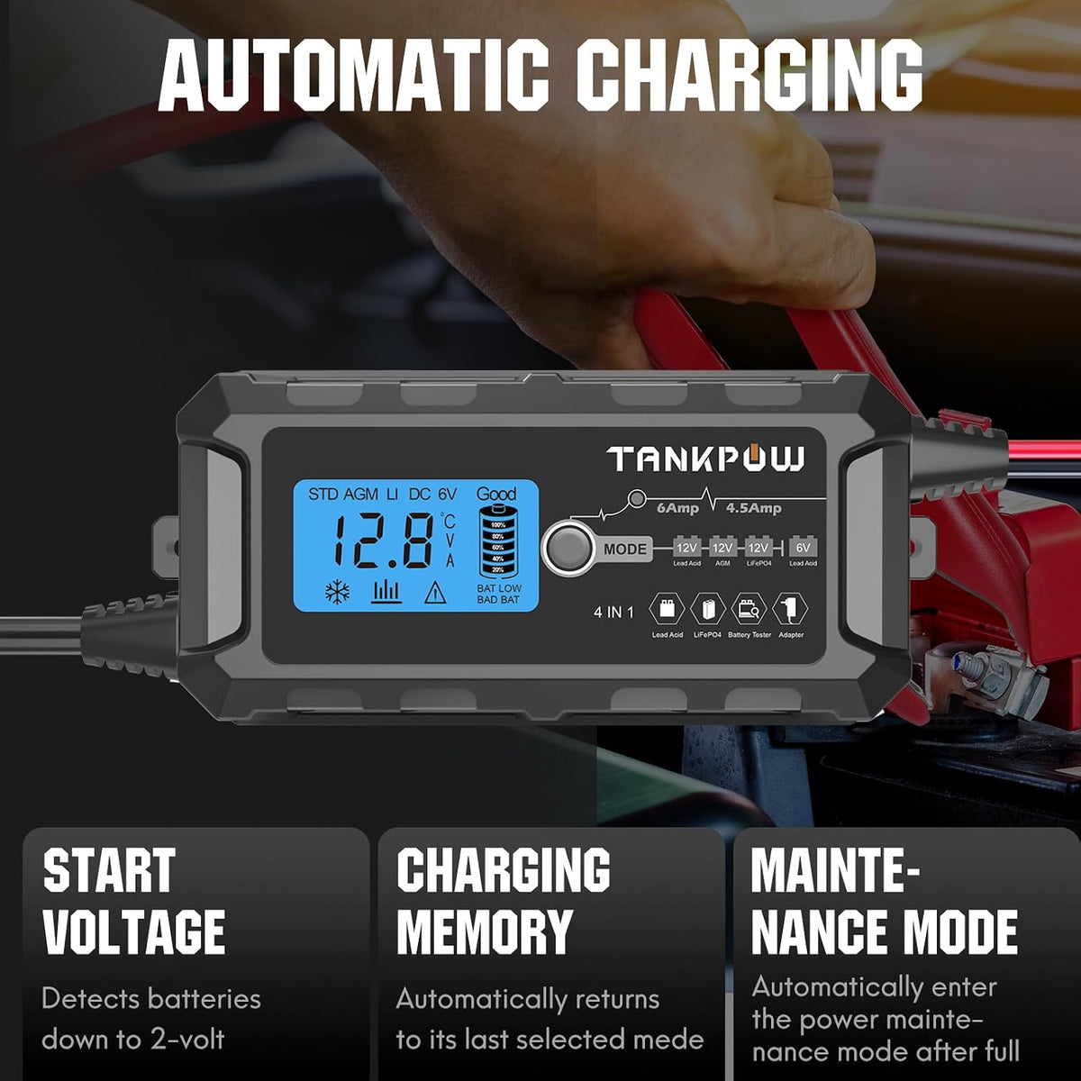 6V/12V 6A Automatic Battery Charger,Smart Battery Charger with Overcharge Protection,Trickle Charger Maintainer and Desulfator for Lead Acid & Lithium(LiFePO4) Deep Cycle Batteries