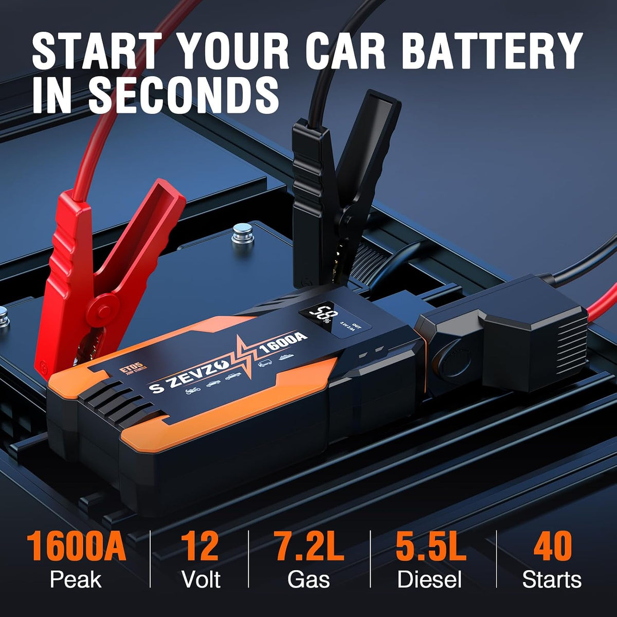 S ZEVZO Jump Starter 1600A Peak Portable Jump Starter for Car (Up to 7.0L Gas 5.5L Diesel Engine) 12V Auto Battery Booster Pack with Jumper Clamps