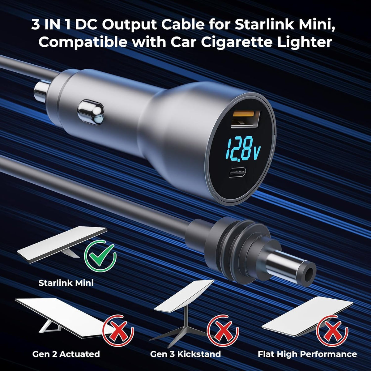 Starlink Mini Car Charger,Starlink Mini Car Adapter, 3-in-1 DC Power Cable with 12V-48V Cigarette Lighter Adapter,PD 30W + USB-A 30W + DC 72W Car Power Supply for Trucks, RVs, Boats(16.5Ft)