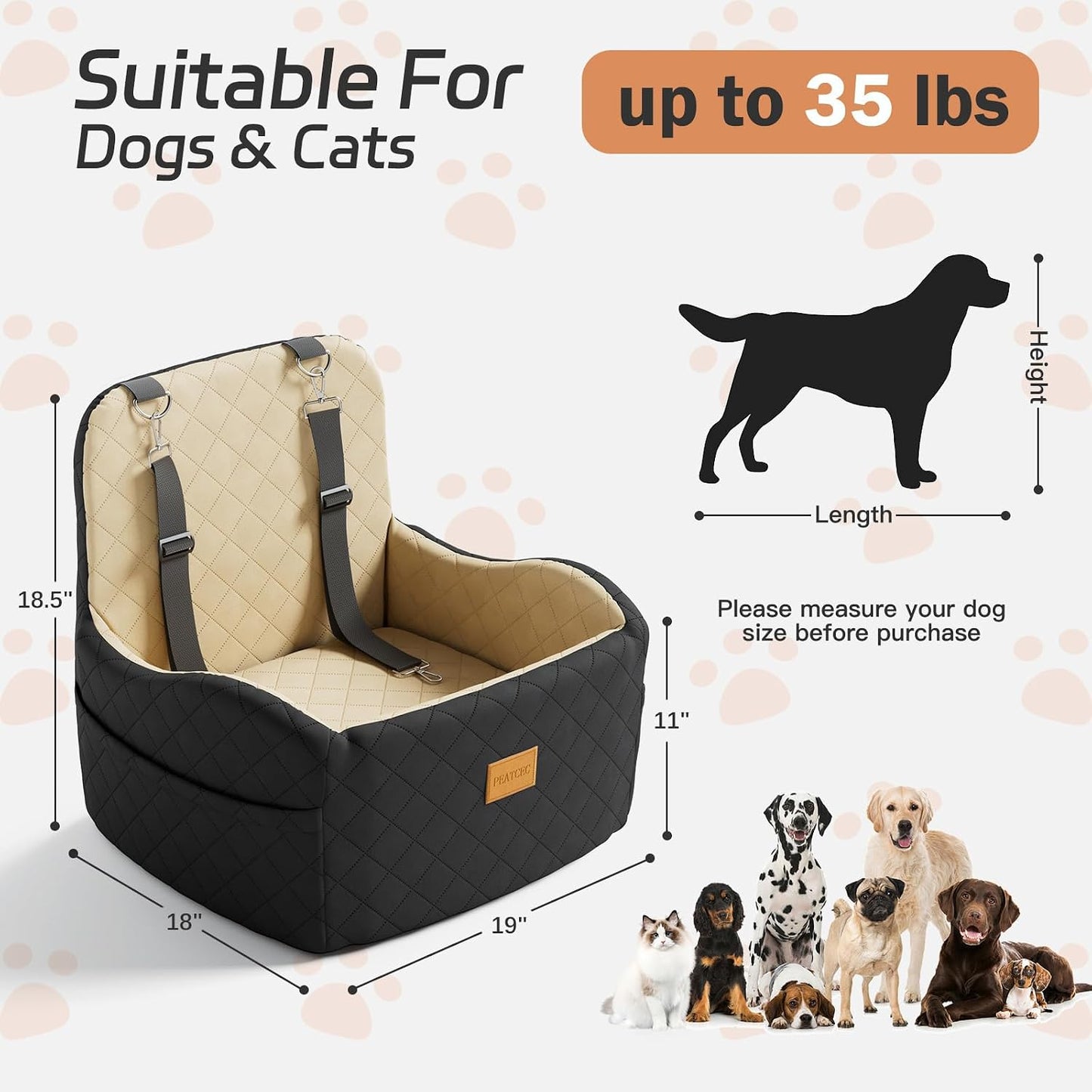 Dog Car Seat for Small/Medium Dogs Under 35lbs, Detachable & Washable Elevated Pet Travel Bed, 2 Storage Pockets & Safety Belt, Anti-Slip Base, Booster Car Seat with Seamless Bottom Design