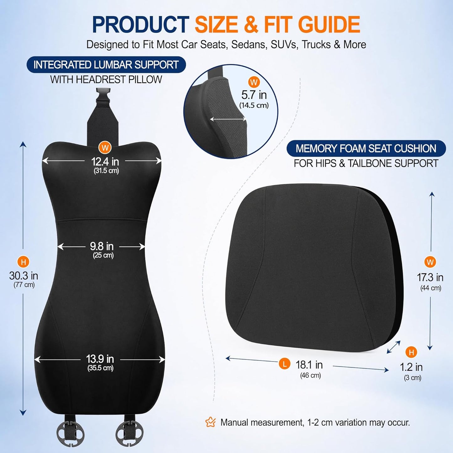Allaboutsla 2 Piece Car Seat Cushion, Back Support with Car Headrest Pillow | 3-in-1 Memory Foam Car Seat Cushions, Car Lumbar Support with Car Neck Pillow, Seat Support for Long Driving, Trucks, Black