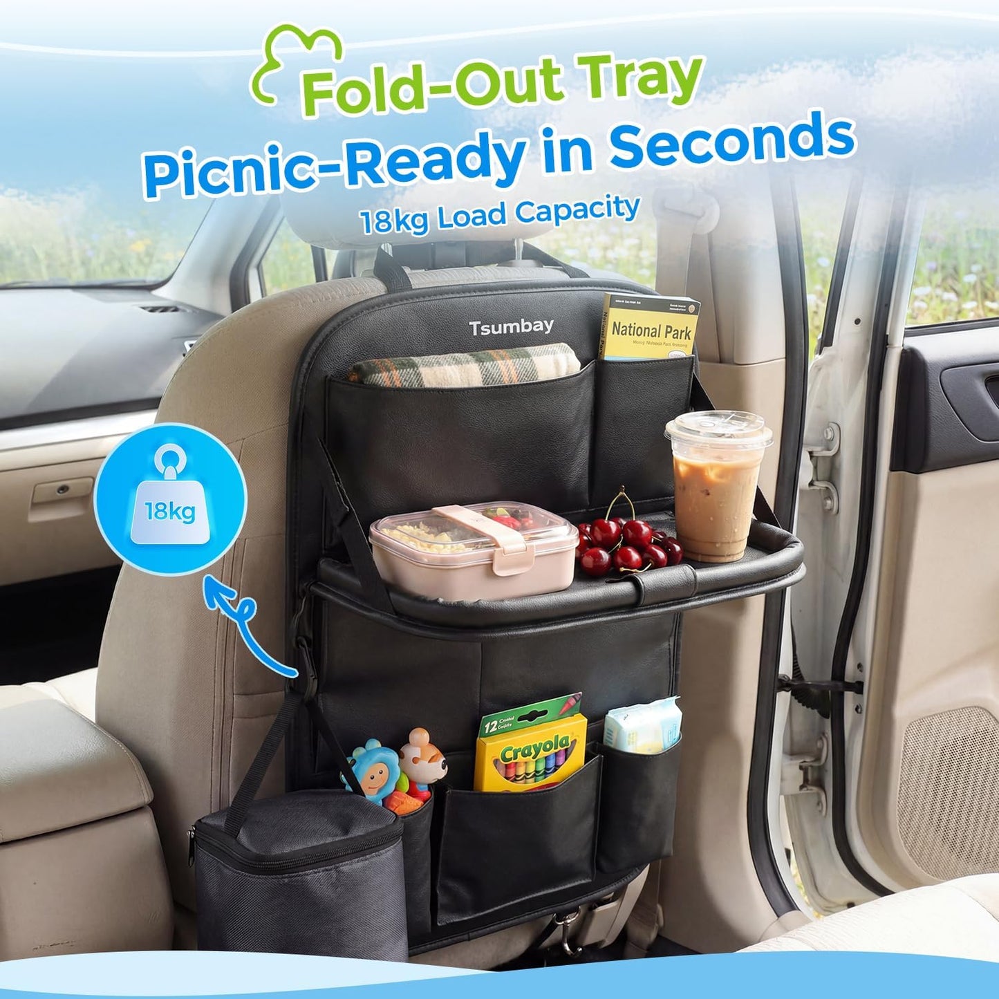 Tsumbay Car Backseat Organizer with Tablet Holder,9 Storage Pockets Foldable Table Tray Seat Back Protectors Kick Mats -PU Leather 1Pck