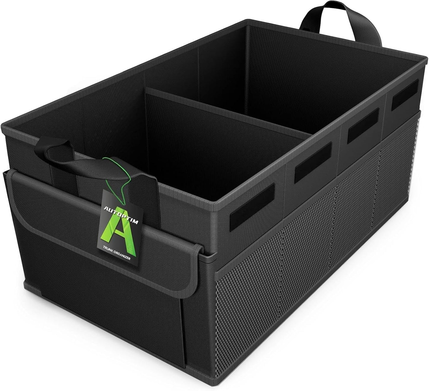 AUTOPTIM Car Trunk Organizer - Collapsible Car Organizer with Non Slip Bottom & Multiple Pockets for Groceries, Trunk Storage with Base Panel for SUV Sedan Van, 2 Compartments (Black, Medium)
