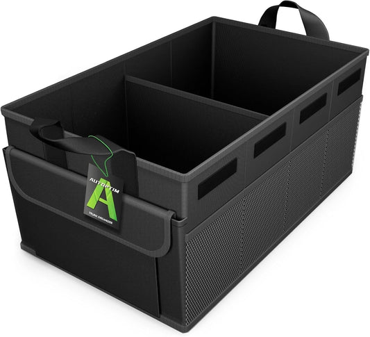 AUTOPTIM Car Trunk Organizer - Collapsible Car Organizer with Non Slip Bottom & Multiple Pockets for Groceries, Trunk Storage with Base Panel for SUV Sedan Van, 2 Compartments (Black, Medium)