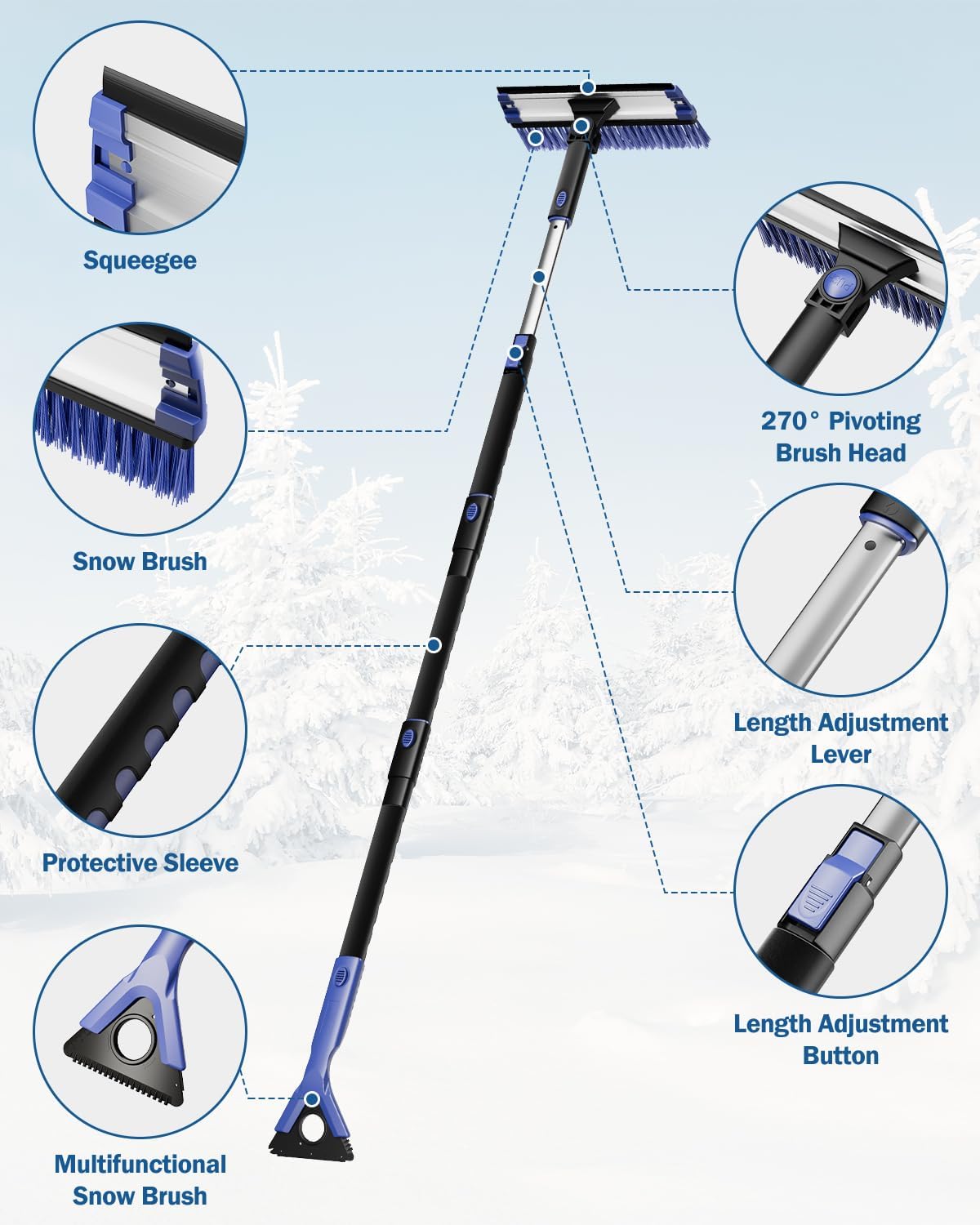JOYTUTUS 47.7″ Extendable Snow Brush and Ice Scraper, 270° Pivoting Snow Scraper Brush for Car Windshield, Telescoping Ice Scraper, Foam Grip, Heavy Duty Snow Remover for Cars, Trucks, SUV (Blue)