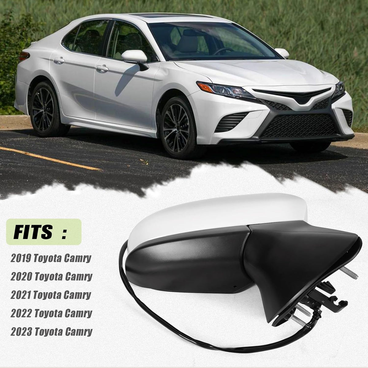 Right Passenger side Mirror Fits 2018-2024 Toyota Camry with Power Glass without Heated without turn signals without Blind Spot Match Super White Replace 8791006800(3Pins)