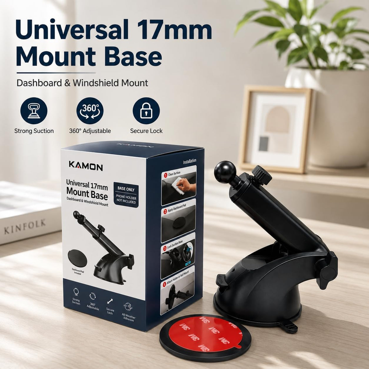 Kamon 17mm Ball Joint Suction Cup Mount Base with Adhesive Dashboard Mounting Pad, Extendable 4.5–6.5 in Replacement Arm for Car Phone Holder, Windshield & Dashboard, No Holder