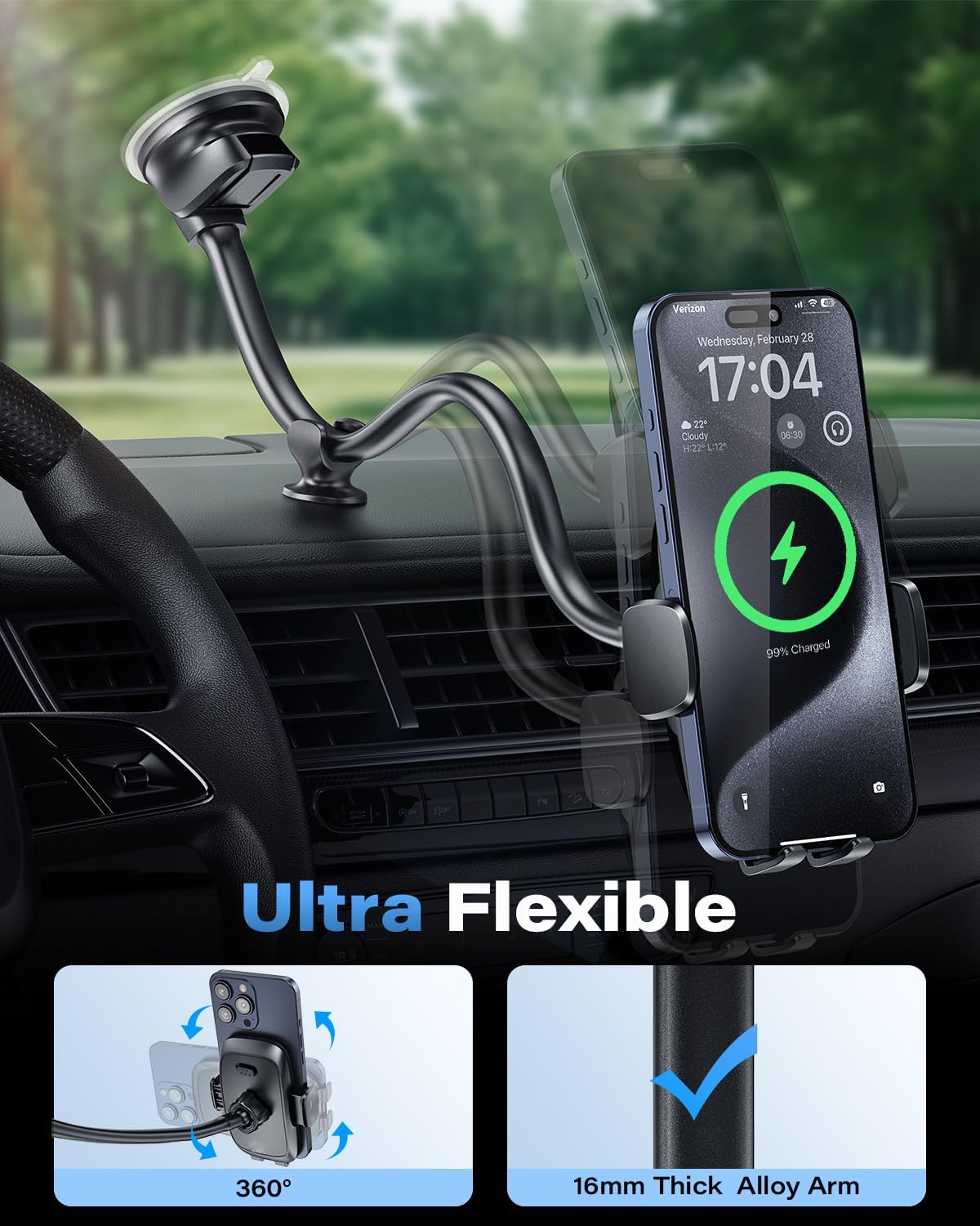 1Zero Solid Car Truck Phone Mount Holder 14" Arm Upgraded Wireless Charger
