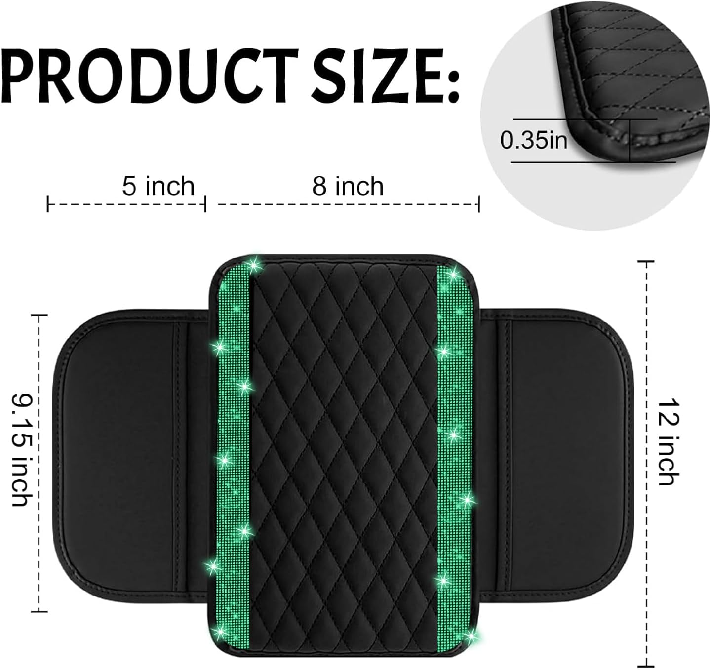 NBTEPEM Bling Car Center Console Cover, Leather Car Arm Rest Cover Cushion with 2 Storage Bags, Universal Auto Armrest Protector Storage Box, Bling Accessories Interior for Most Vehicles (Green)