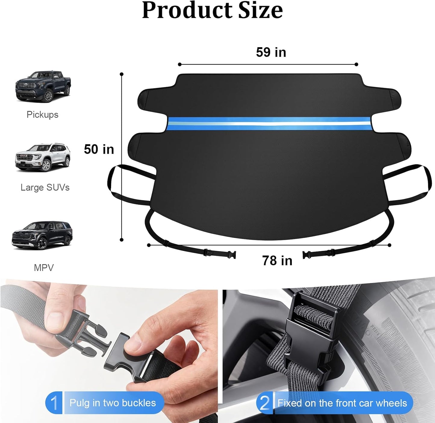 Windshield Cover for Ice and Snow, 600D Car Windshield Cover with Mirror Covers, Upgraded Windproof Includes Elastic Buckles, Frostproof & Dustproof, Fits for Large SUVs Pickups Trucks Vans (78"x 50")