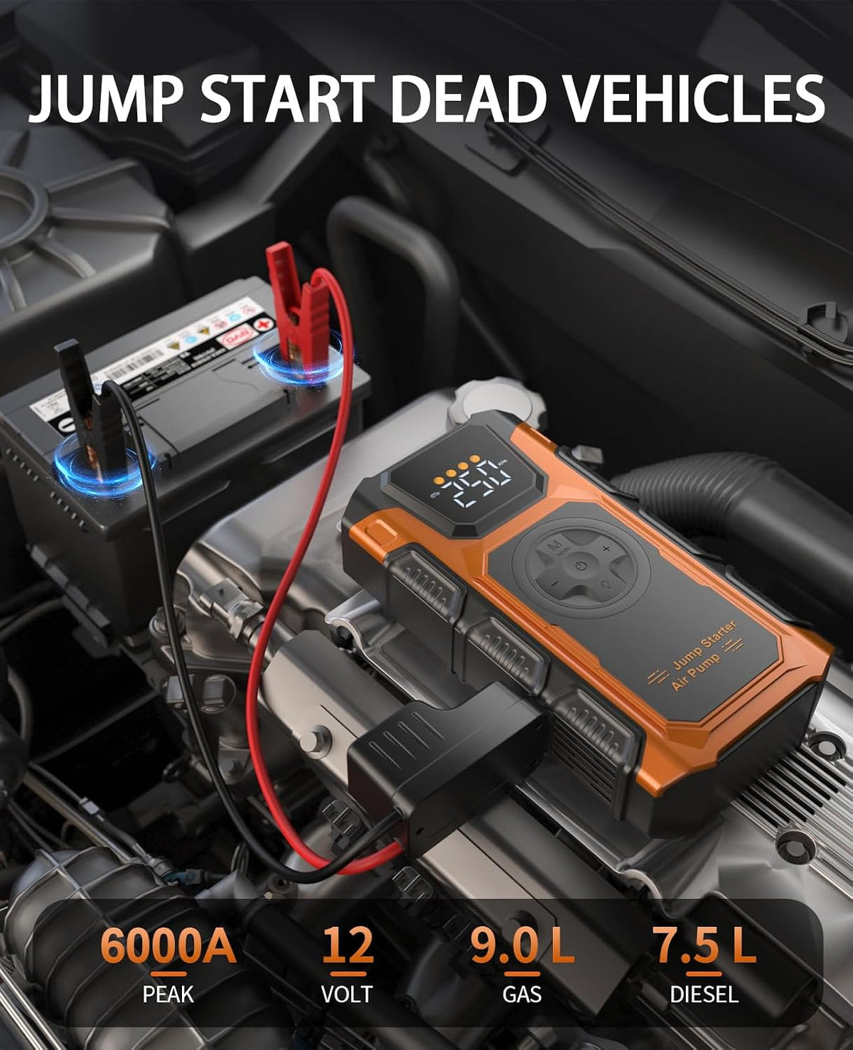 Jump Starter with Air Compressor, 6000A Car Battery Charger Power Jump Box Start 12V Vehicles(Up to 9.0L Gas&7.5L Diesel Engines) Portable Car Booster Jumper Pack Combo150 PSI Tire Inflator