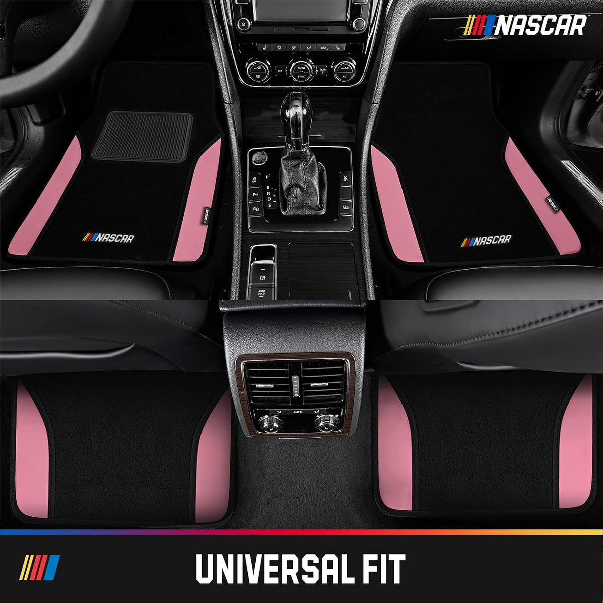 NASCAR Car Floor Mats, Carpet & Pink Leather Design Car Mats, Universal-Fit All-Weather Car Floor Mats with Built-in Heel Pad & Anti-Slip Backing, Durable Odorless Automotive Interior Accessories