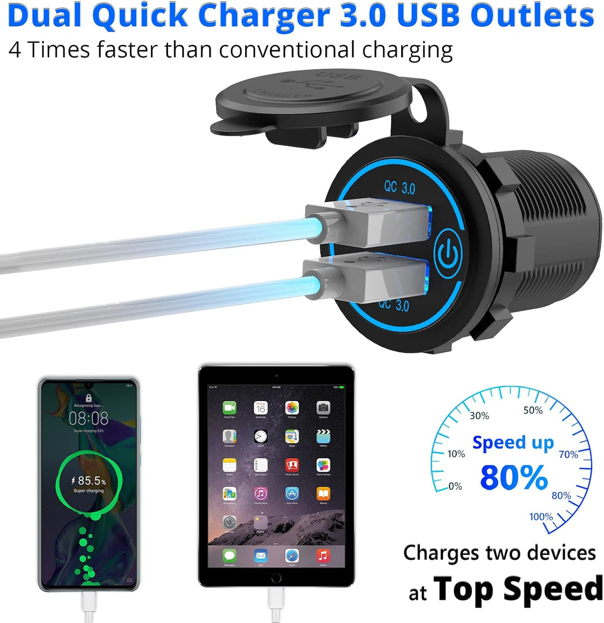 5 Pack Quick Charge 3.0 12V USB Outlet, Qidoe Waterproof QC3.0 Dual USB Power Outlet with Touch Switch Fast Car Charger Socket for 12V-24V Car Golf Cart Boat RV Motorcycle - More Affordable Pack