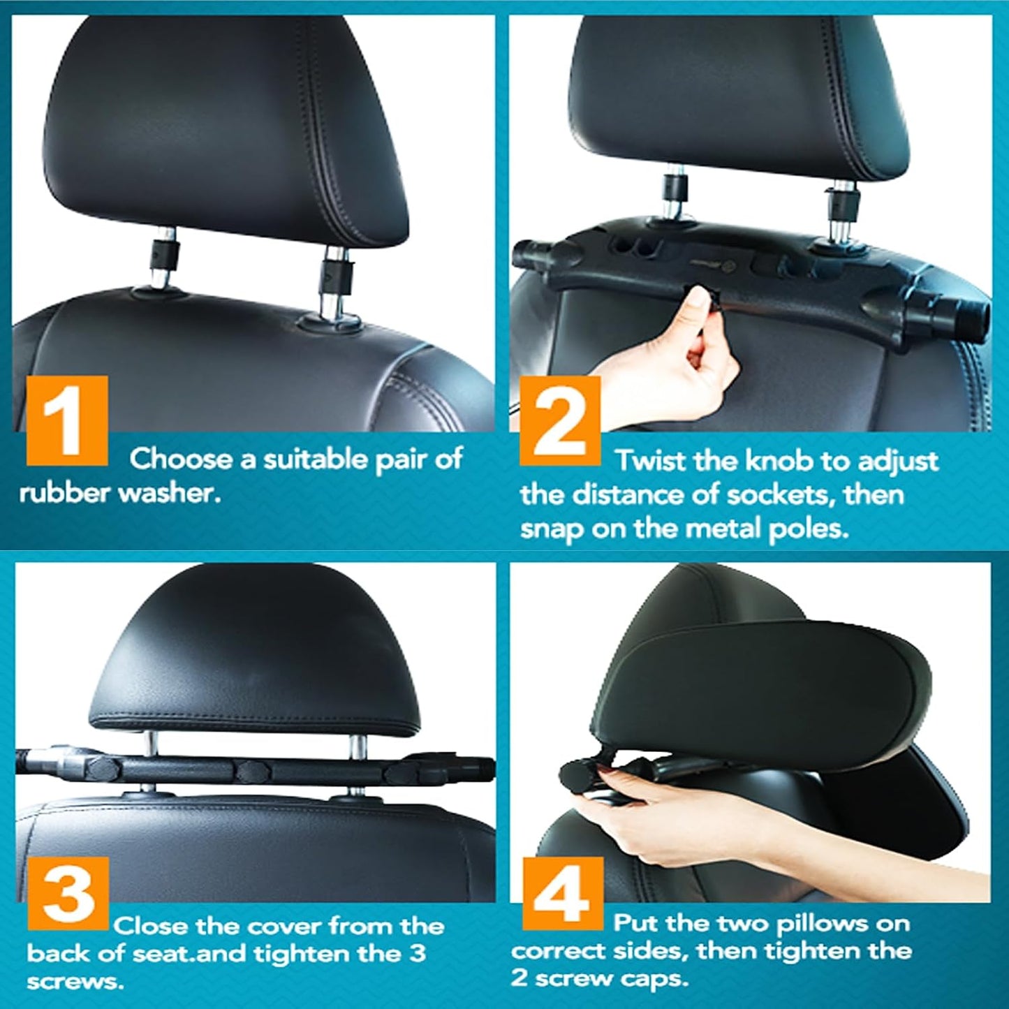 JZCreater Car Headrest Pillow, 180°Adjustable Head Neck Support Pillow, U- Shaped, Travel Sleeping Car Headrests, Only for Car Seat Headrest with 2 Metal Poles， Not for Fixed or Integrated headrests