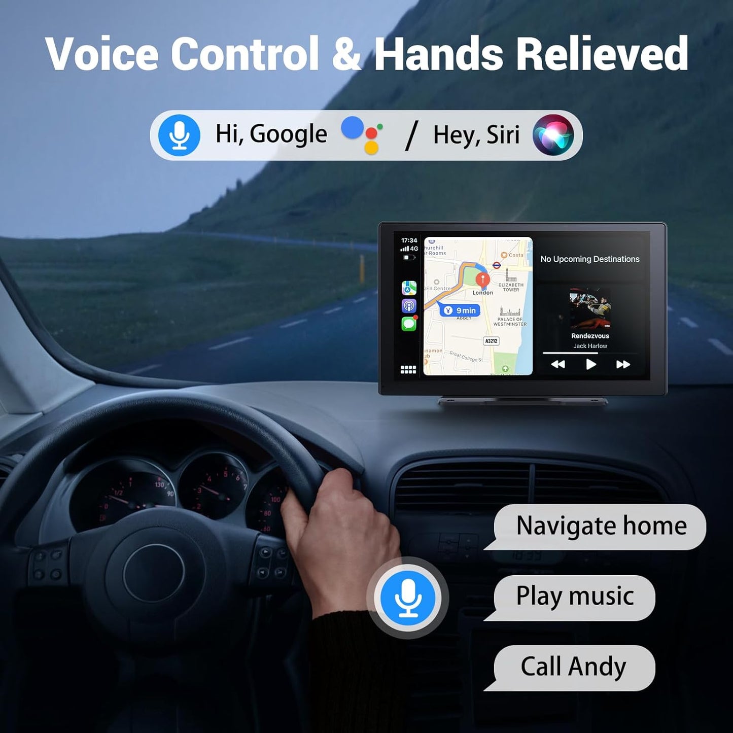 9" Wireless Apple Carplay Screen for Car & Android Auto with Backup Camera | Portable Touchscreen with OTA Update, GPS Navigation/Mirror Link/Voice Control/5.0 Bluetooth