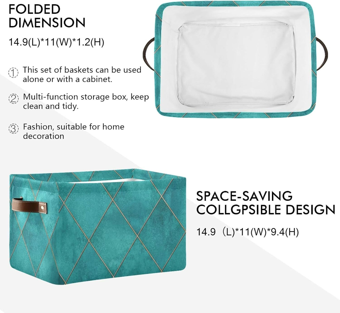 Blueangle Teal Watercolor Geometric Plaid Rectangle Storage Bin, 15 x 11 x 9.5 in, Collapsible Organizer Storage Basket for Home Décor, 2PCS