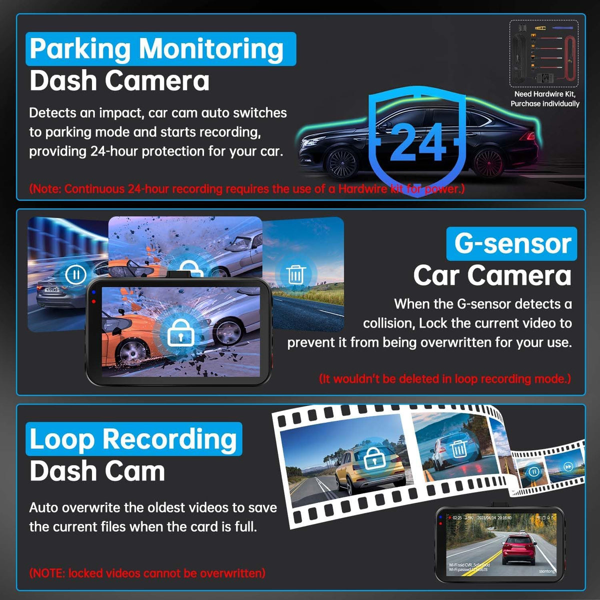 Dash Cam Front and Rear, 2.5K Front 1080P Rear WiFi App Control w/64GB Card
