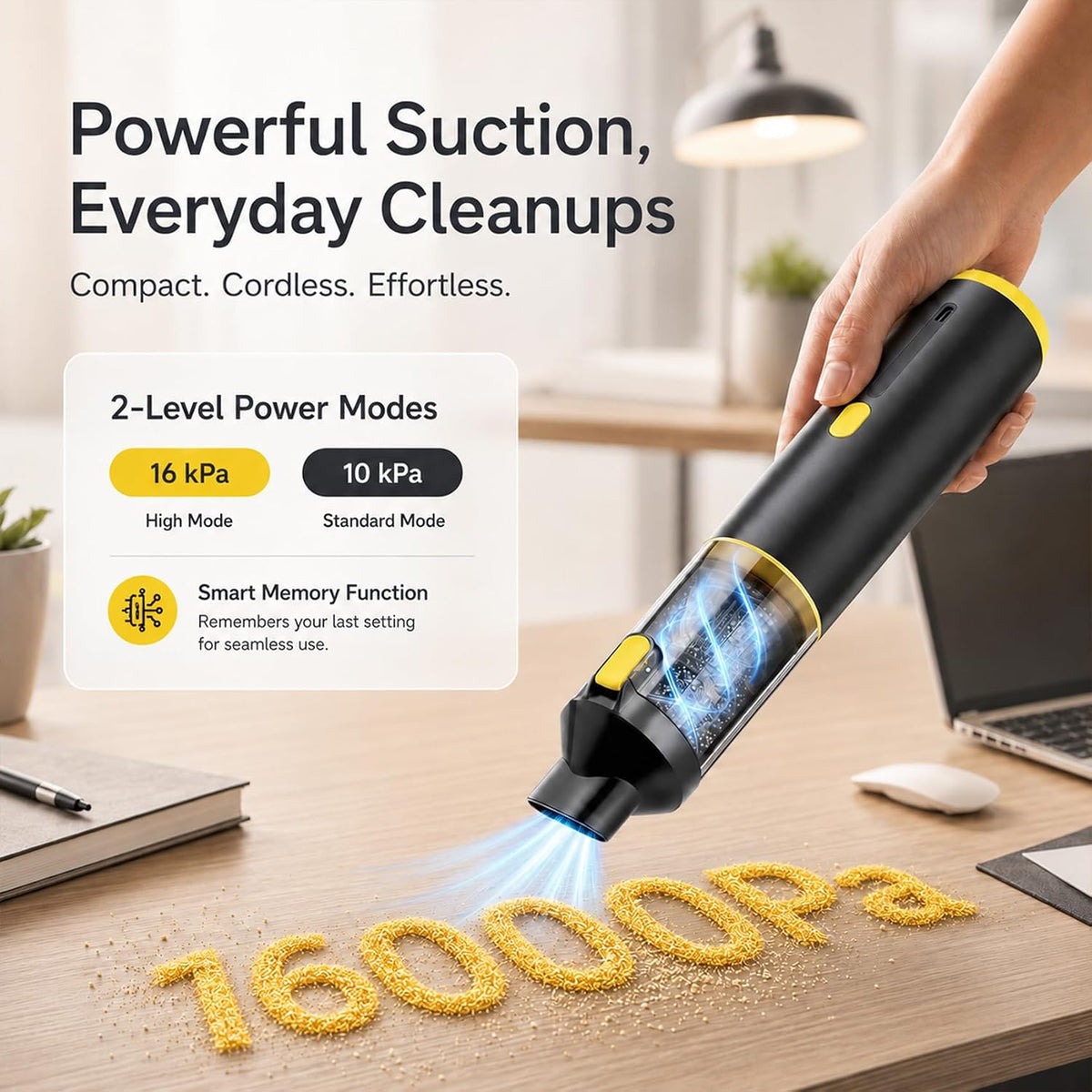 CROS Handheld Car Vacuum Portable Cordless 2 Suction Modes, 16000Pa 4-in-1 Mini Vacuum with Interchangeable Accessories for Car, Small Jobs, Keyboard and Office