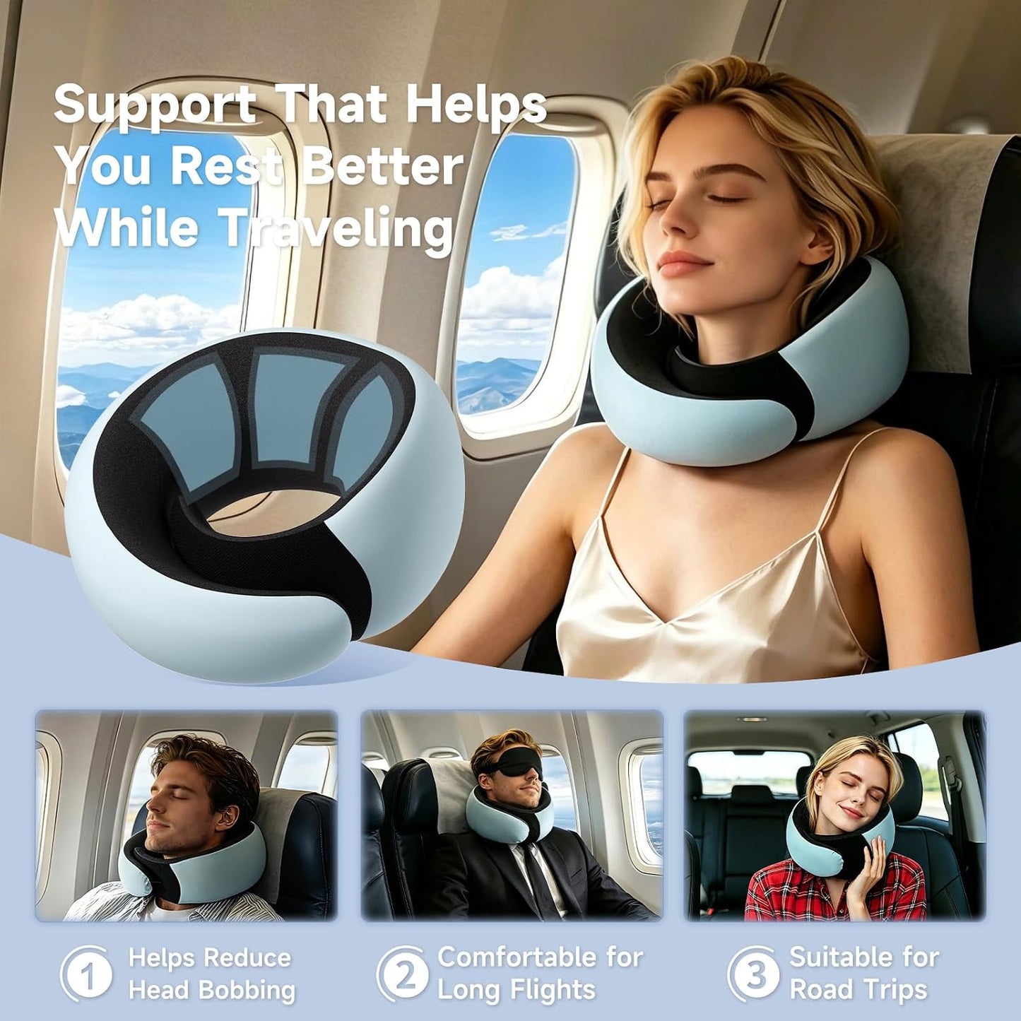 Travel Pillows for Airplanes, Neck Pillow for Traveling, Ergo Memory Foam Travel Pillow, Relief Neck Pain with Breathable Support for Long Flights, Airplanes, Car, Train & Office Use
