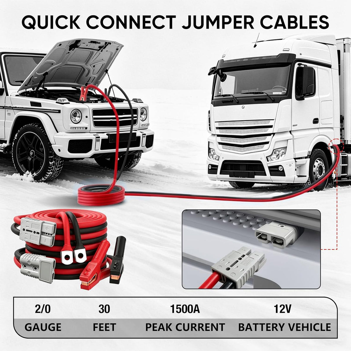 NOONE 2/0 Gauge 30 FT Heavy Duty Jumper Cables - 1500Amp Quick Connect