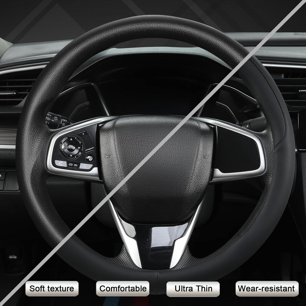 West Llama Thin Slim Car Steering Wheel Cover, Universal 14.5-15 inch Nappa Leather Steering Wheel Cover, Ultra Thin, Anti-Slip, Breathable(Black-Standard Size)