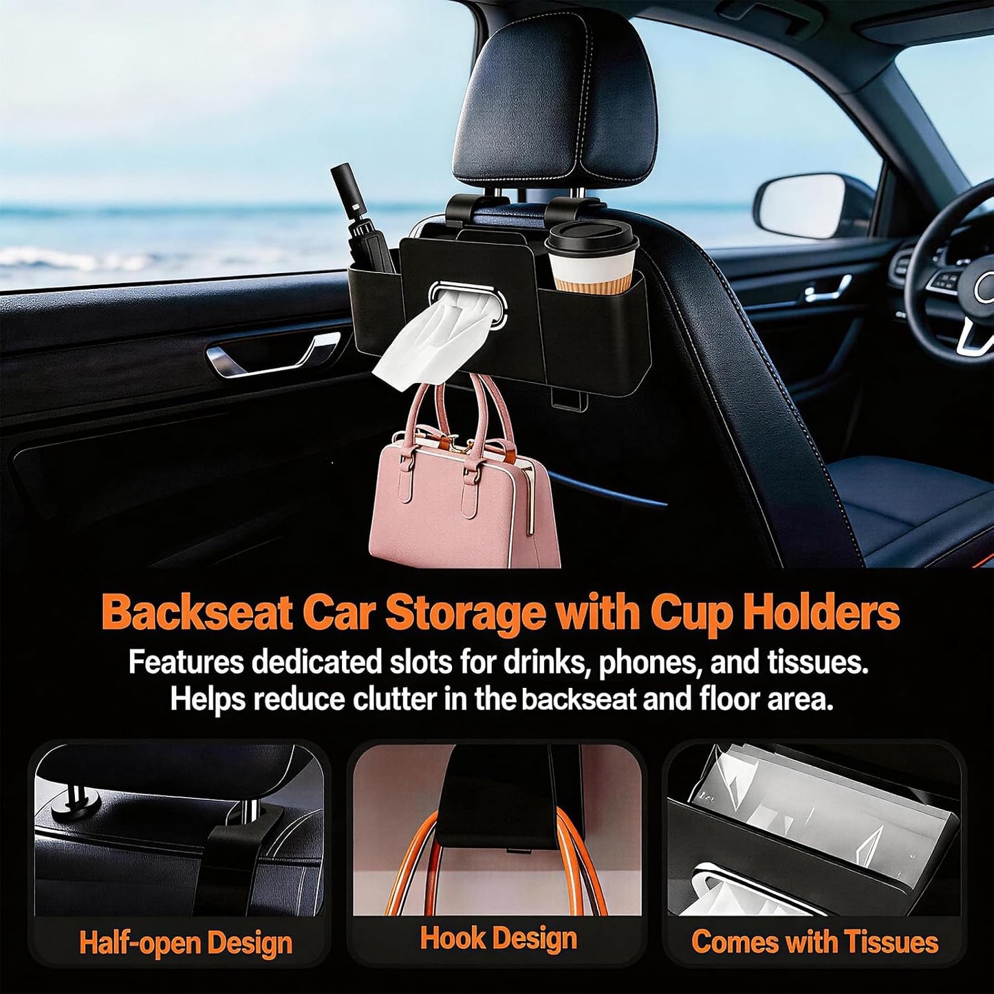 Car Organizer and Storage Box, Multifunctional Car Organizer Back Seat, Large Capacity Car Organizers and Storage Box for Phone, Drinks, Handbag, Travel Use, Compatible with Most Vehicles (Black)