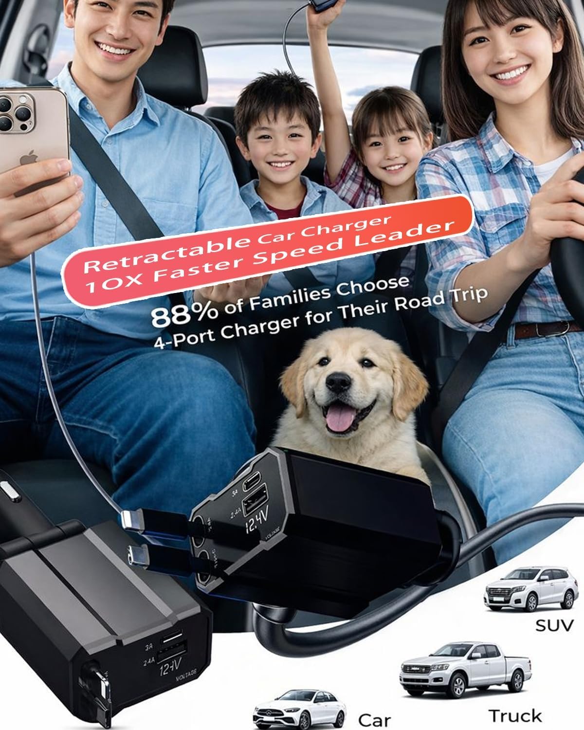 Retractable Car Charger, 4 in 1 Fast Car Charging USB C