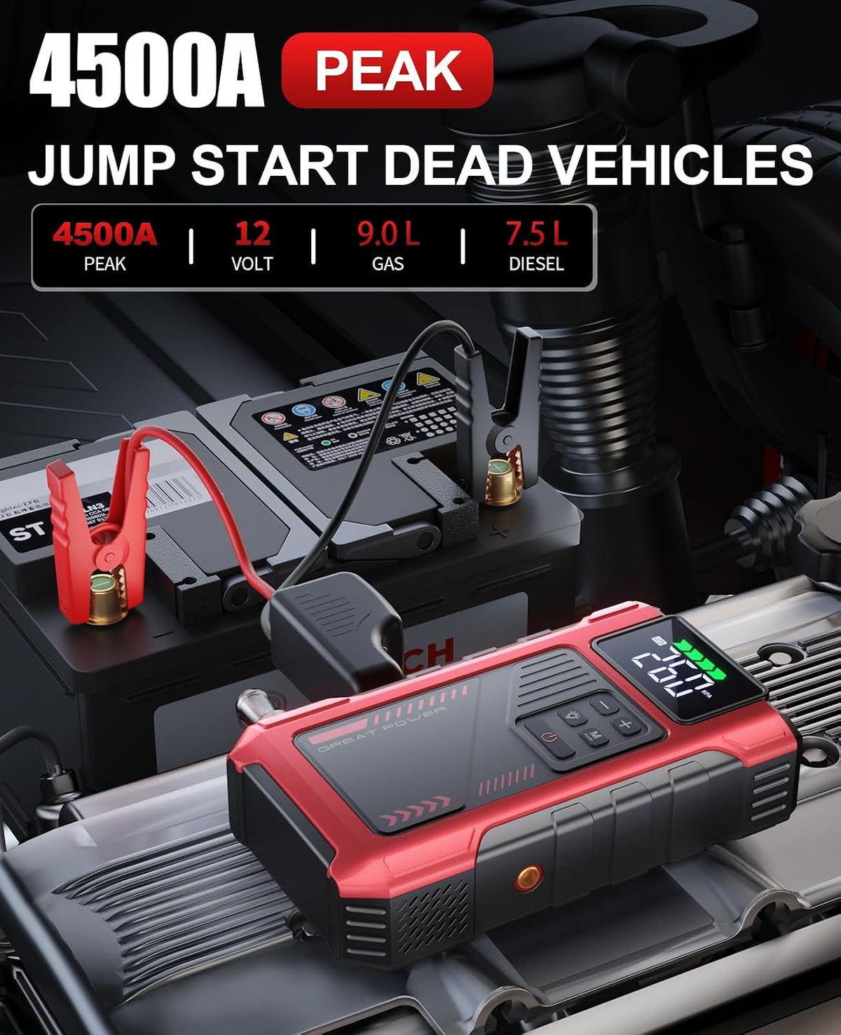 4500A Car Jump Starter with Air Compressor, Portable Battery Charger Jumpstart 12V Vehicle, Power Pack with 150PSI Tire Inflator for 9.0L Gas/7.5L Diesel Engines Jump Box with Light and Jumper Cable