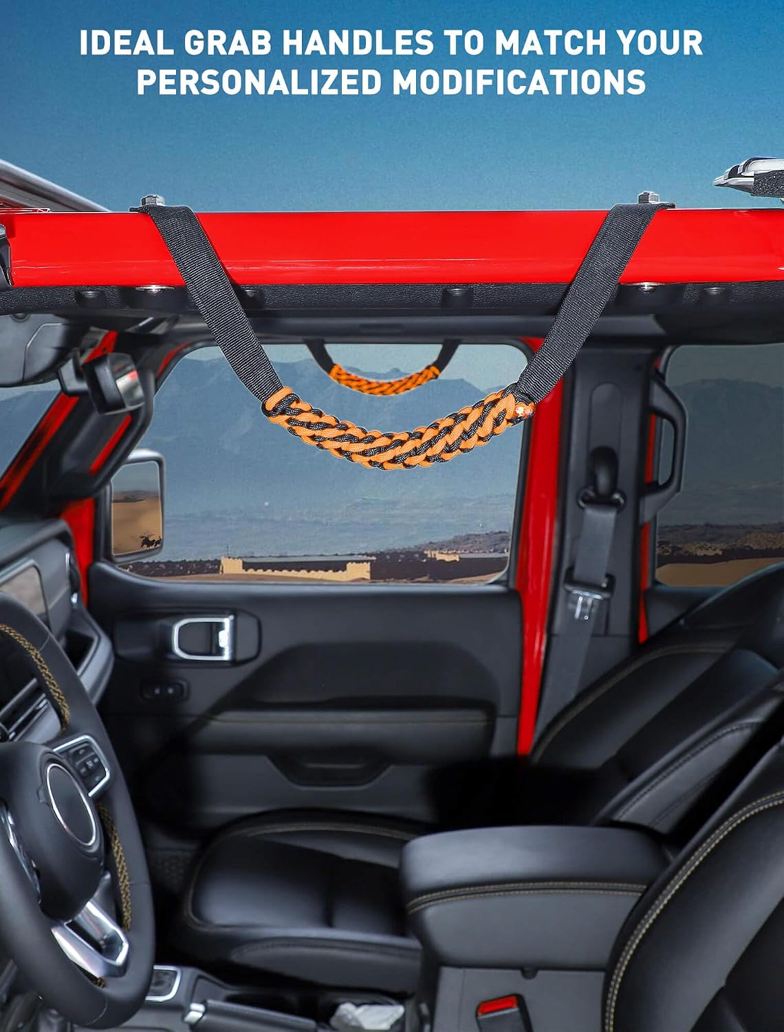 Savadicar 2 Pack Paracord Roll Bar Grab Handles for 2018-2024 Jeep Wrangler JL JLU 4XE &amp; Gladiator JT, Comfortable Cylindrical Weave for Secure Grip, Essential Interior Accessories, Orange