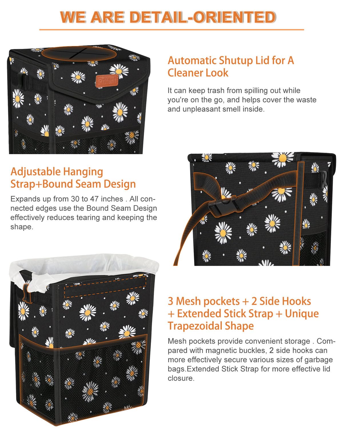 Pritent Car Trash Can with Lid, Cute Leakproof Car Trash Garbage Bag Hanging Vehicle Trash Bin Small Portable Automotive Garbage Cans Organizer for Back/Front Seat/Console(Trapezoid,Black Flower)