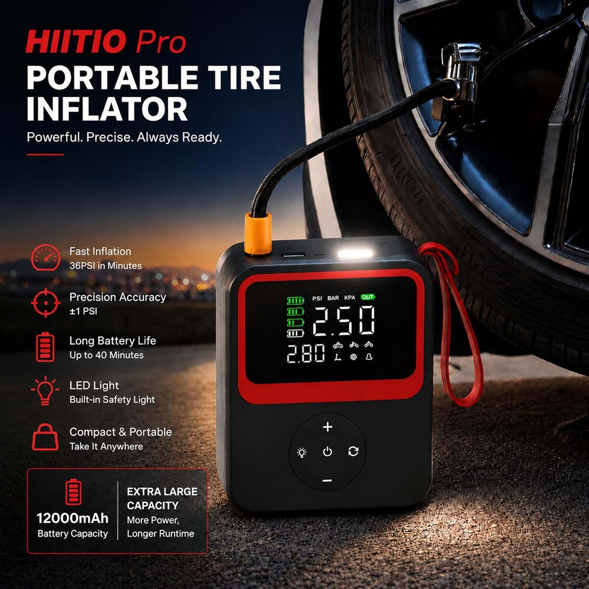 Pro Portable Tire Inflator with Digital Pressure Gauge, LED Light and Auto Shut-Off, 27L/Min 12000mAh, Faster Cordless Pump for MPV, Car, Electric Bikes, Motorcycle, Ball, UL 1450 Tested