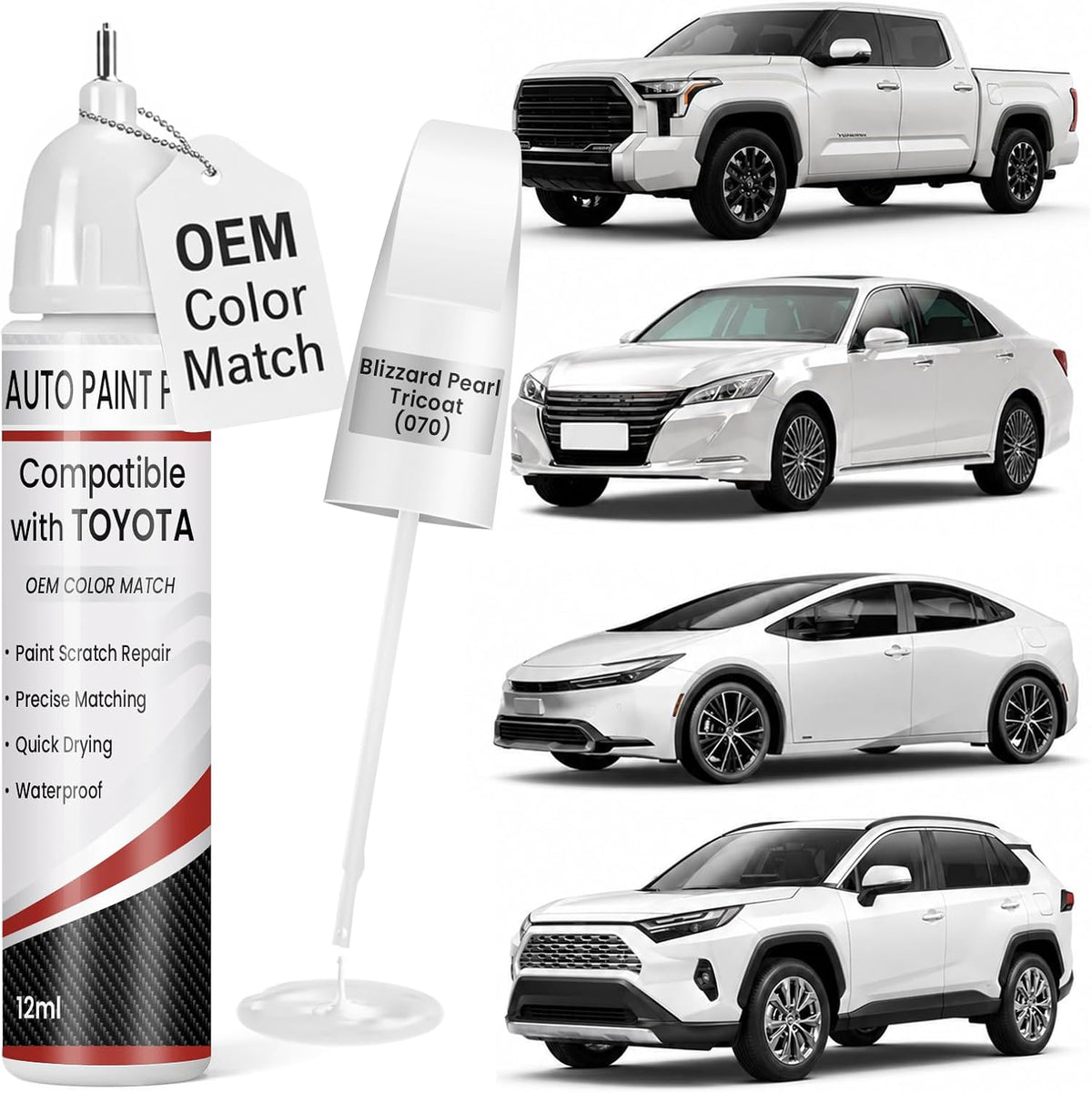 Blizzard Pearl Tricoat(070) Touch Up Paint for Toyota, 0.4 fl oz OEM Color Match Professional Grade Car Paint Scratch Remover for Avalon/RAV4/Camry/Corolla/Highlander/Prius/Sequoia/Sienna