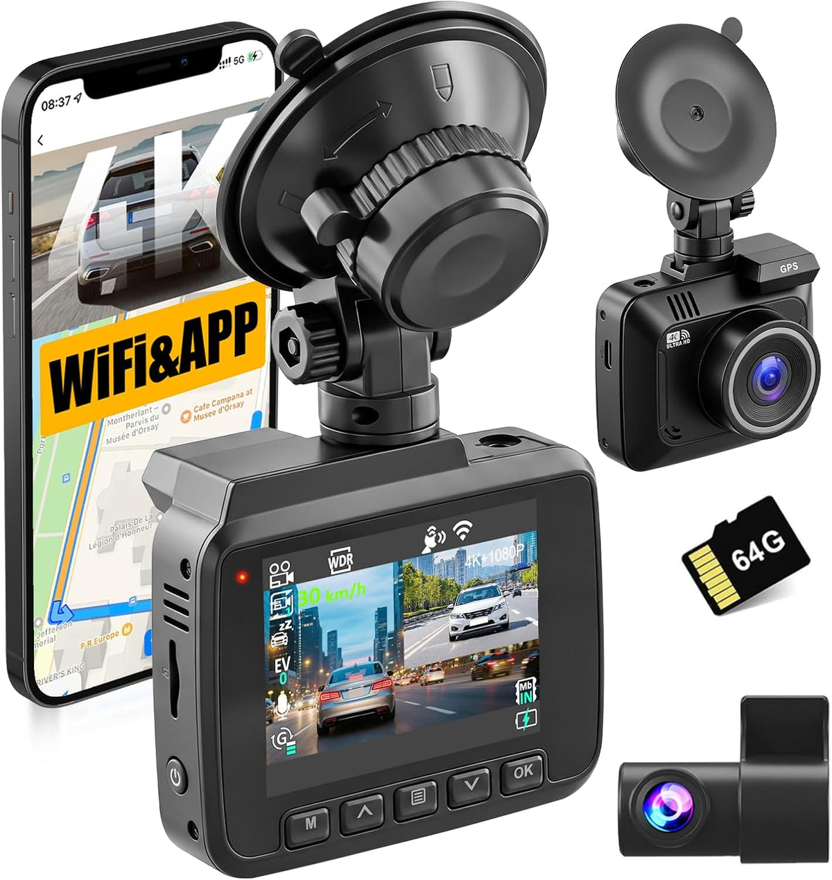 4K Dash Cam Front and Rear, Built-in WiFi & App Control, GPS