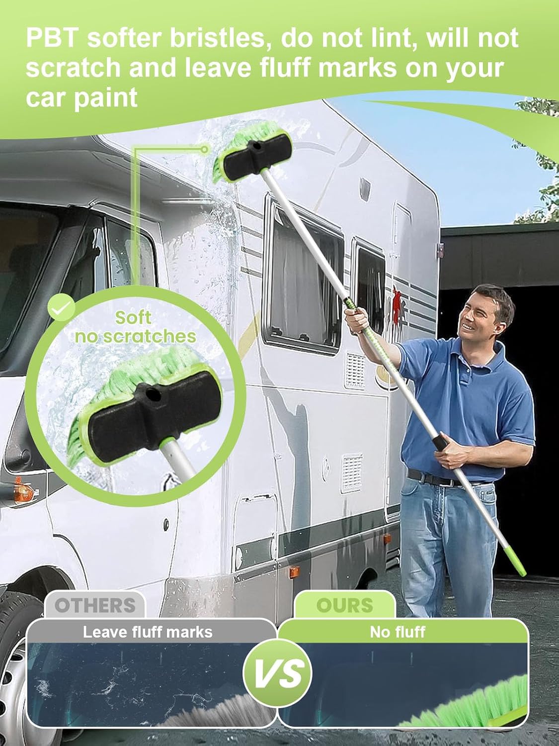 4 Sections PBT Car Wash Brush 60” 151cm with Extendable Aluminum Long Handle Soft Bristle Detail Scrub Brush for Exterior Interior Car RV Truck Motorbike Tyres Boat Deck Home Cleaning Sweep Snow