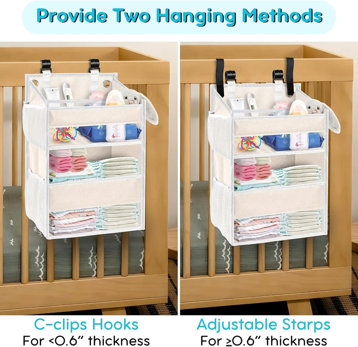 Hanging Diaper Organizer, 2 Tier Hanging Diaper Caddy, Holds 90+ Diapers | Diaper Organizer for Changing Table,Cribs,Car,Playard or Wall & Nursery Organization, 4 Mesh Pockets, Won't Deform, Beige