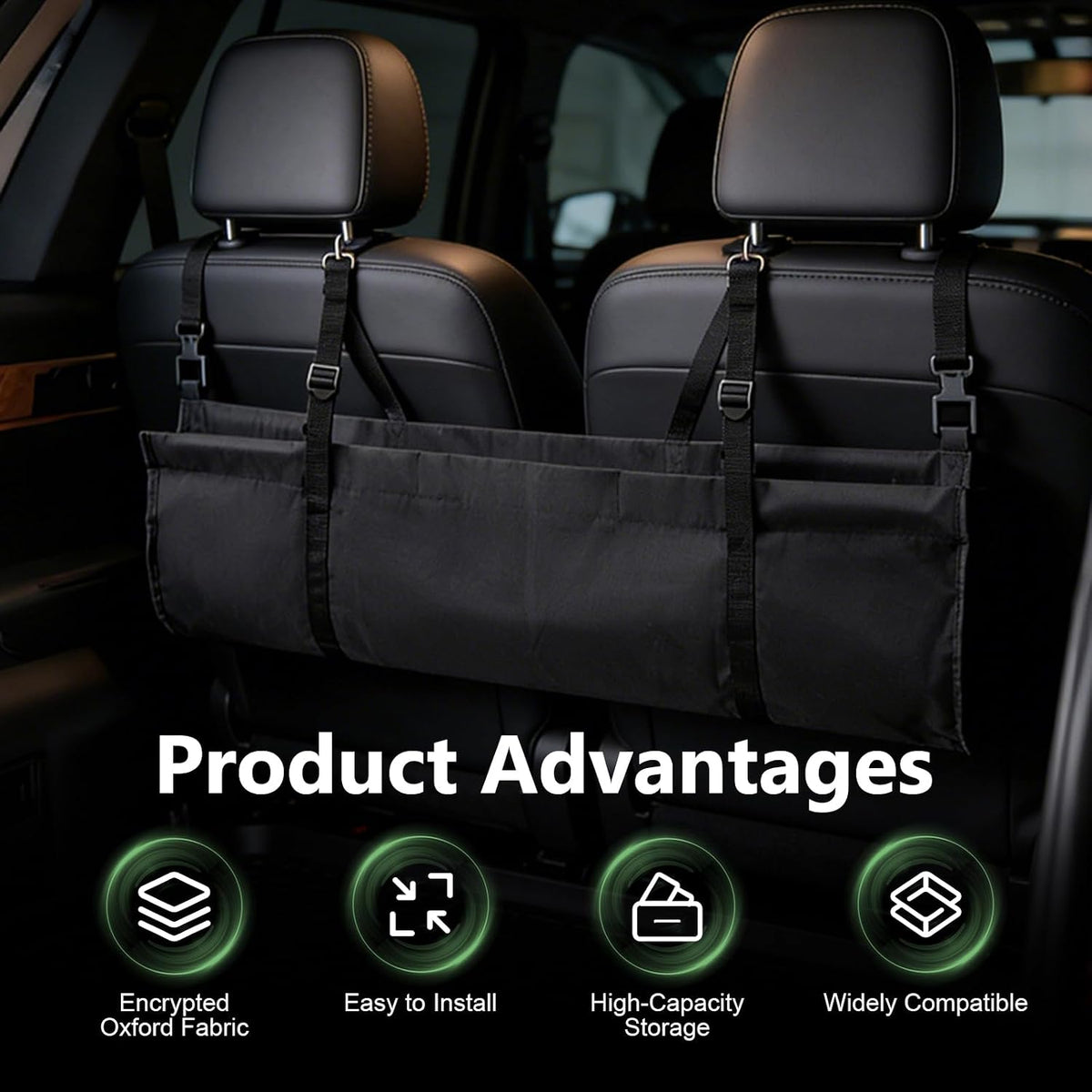 Car Trunk Organizer, Hanging Backseat Storage Bag with Adjustable Straps, Waterproof Oxford Fabric Collapsible Back Seat Organizer, Universal for Most Cars, Trucks, SUVs, Van (Black)