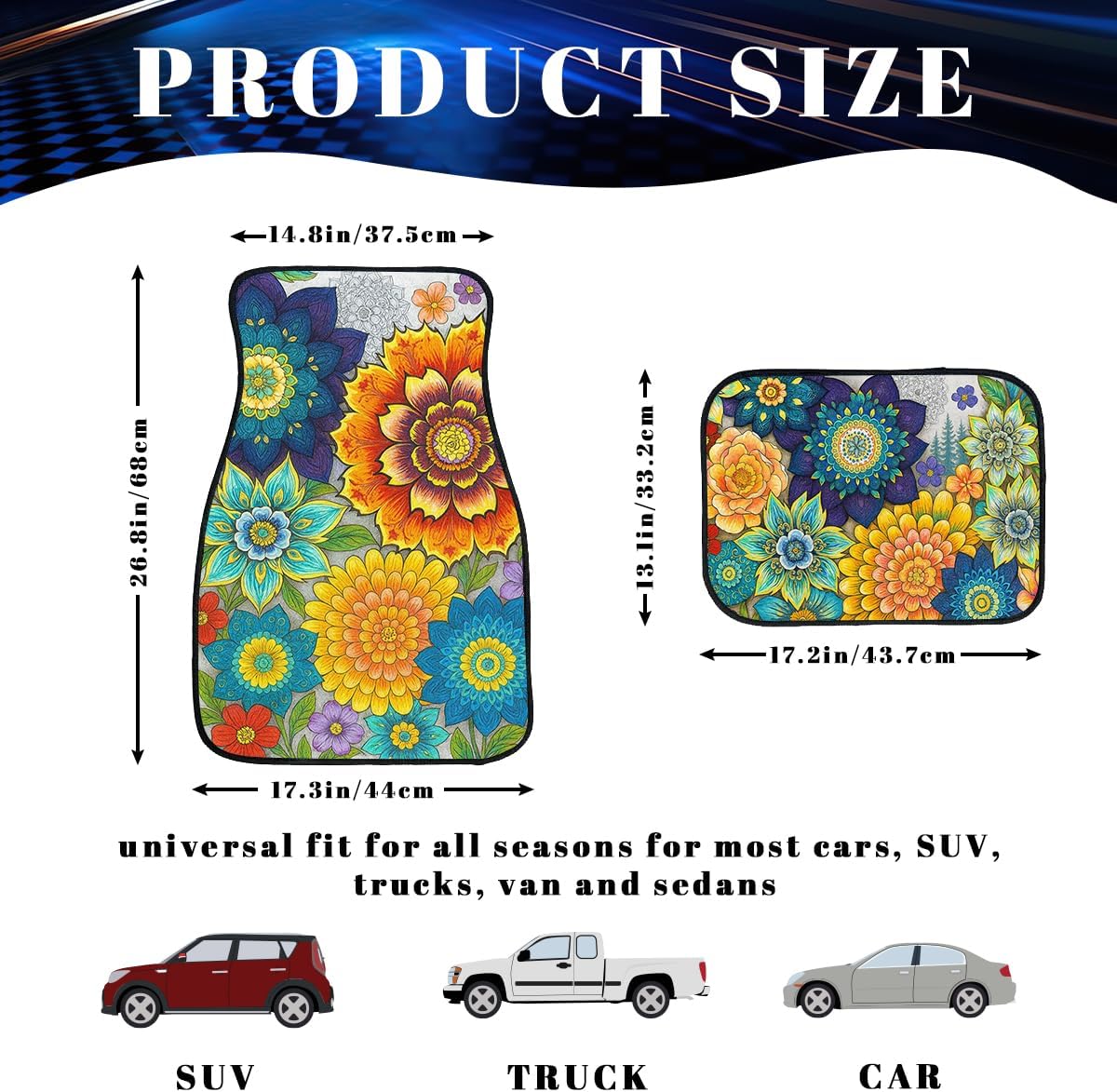 Flower Car Floor Mats Set of 4 Colorful Boho Hand Drawn Floral Art Automotive Foot Mats Rugs Carpet for Car Non-Slip Auto Car Accessories Universal Fit Car Accessories for Truck