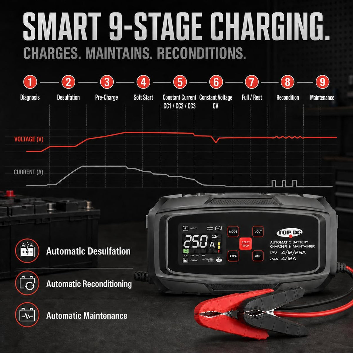 TOPDC 25A 12V/24V Smart Battery Charger & Maintainer for Lead-Acid/LFP
