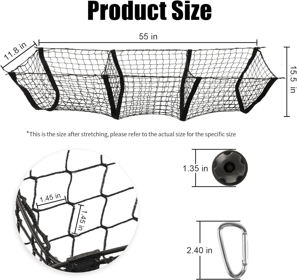 Amiss Heavy Duty Mesh Cargo Net, 3 Pocket Trunk Bed Storage Organizer Compatible for SUV, Car, Pickup Truck Bed, Etc.with 4 Metal Hooks (11.8×11.8×47.3 Inch), Black