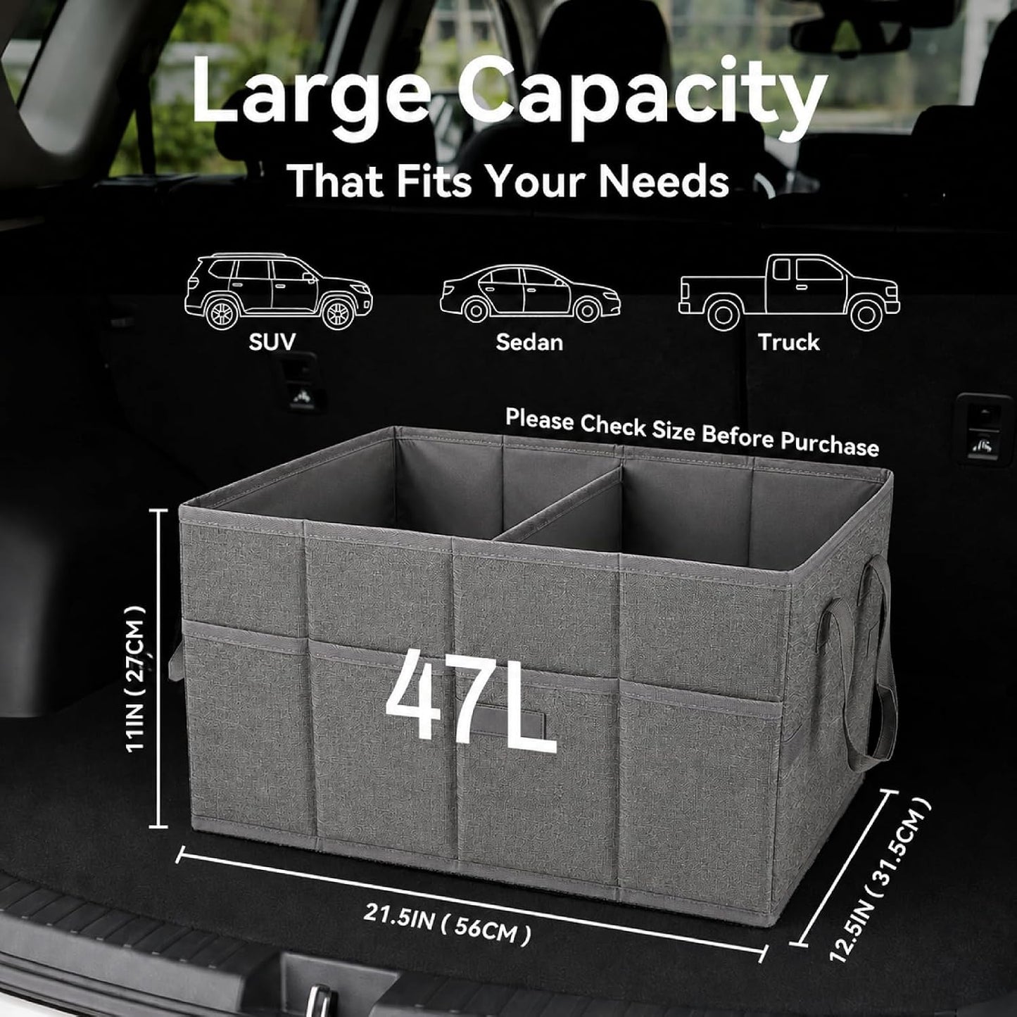 PAT SAM'S Car Trunk Organizer for SUV, Foldable Collapsible Storage Organizer with Dividers, Non-Slip Waterproof 600D Oxford, Backseat & Trunk Storage for Groceries, Tools, Toys (Gray)