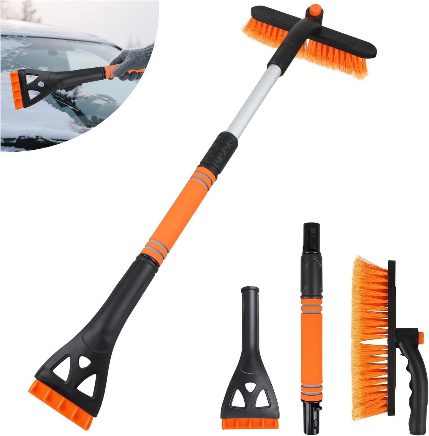 30.7" Snow Brush and Ice Scrapers for Car Windshield Detachable Snow Scrapers with Foam Grip 360° rotatable for Cars, Trucks, SUVs 1Pcs Orange