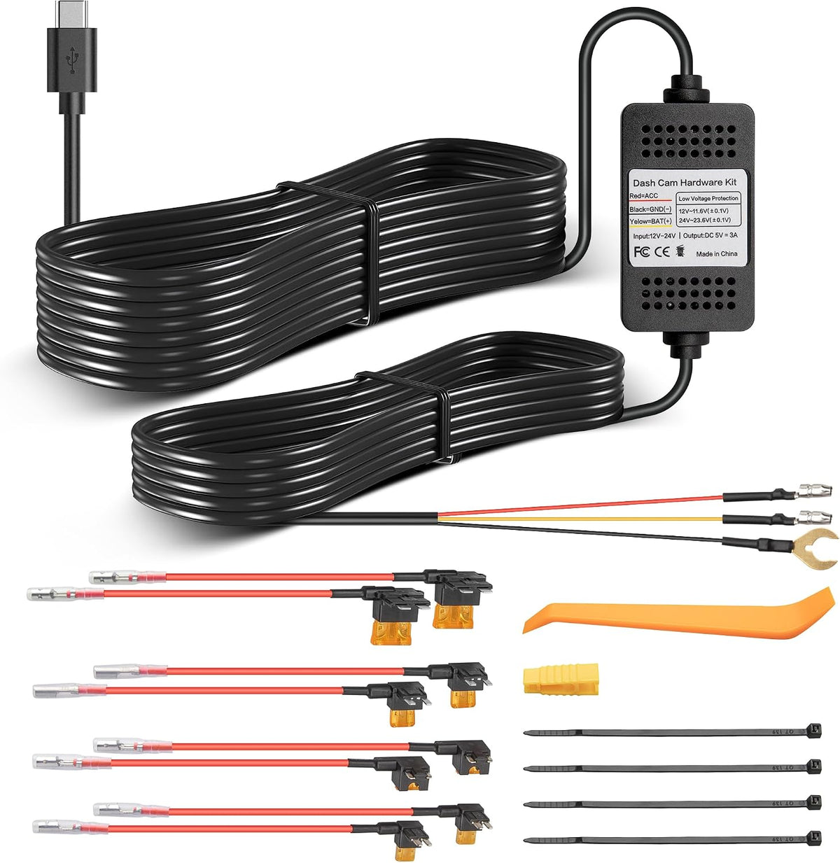 EWAY Type-C USB C Port Dash Cam Hardwire Kit, 3-Lead Acc Hard Wire Kit for Dash Camera 24H Parking Monitor, Low Voltage Protection 12V- 24V to 5V w/Fuses Dashboard Camera Power Supply Cord 11.5ft