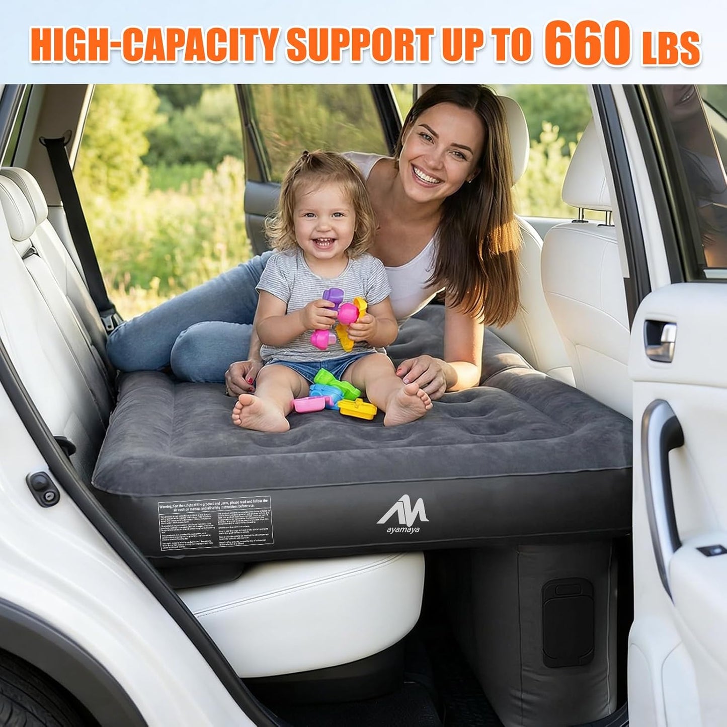 AYAMAYA Car Air Mattress Back Seat, Inflatable Car Bed with Built-in Cordless Rechargeable Air Pump for SUV, Sedan, All-in-One Car Mattress with Pillow & Support Column for Camping, Road Trip, Travel