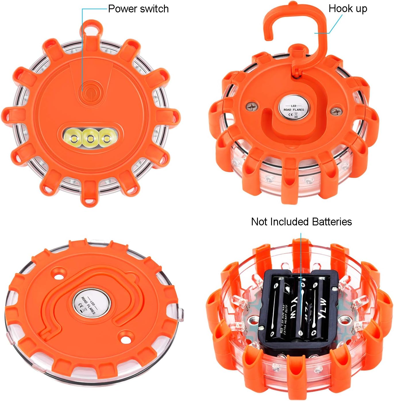 AK [4 Pack LED Road Flares Safety Flashing Warning Light Roadside Emergency Disc Beacon Kit for Vehicles Boats with Magnetic Base &amp; Hook, Premium Storage Bag (Batteries Not Included) (4)