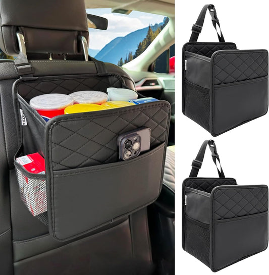 Witaxima 2 Pack Upgraded Car Seat Organizer Backseat with Storage Pockets, Multipurpose Car Organizer Hanging Car Trash Bag Premium PU Leather Garbage Can 2.14 Gallon Large Capacity Accessories Black