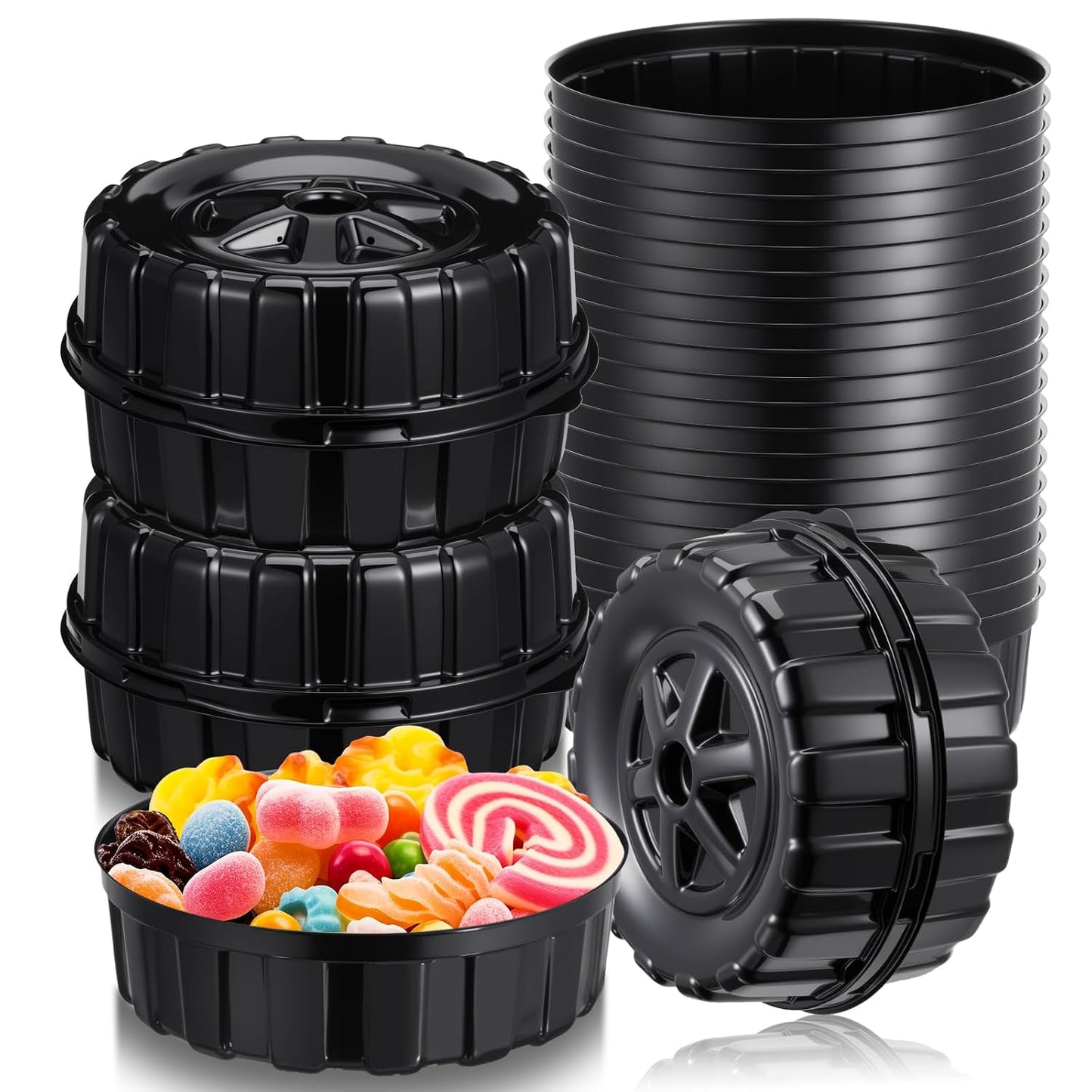 Uiifan 24 Pcs Truck Wheels Plastic Food Containers with Lids Race Car Wheels Disposable Candy Boxes for Truck Themed Birthday Party Supplies Baby Shower Race Car Party Decorations