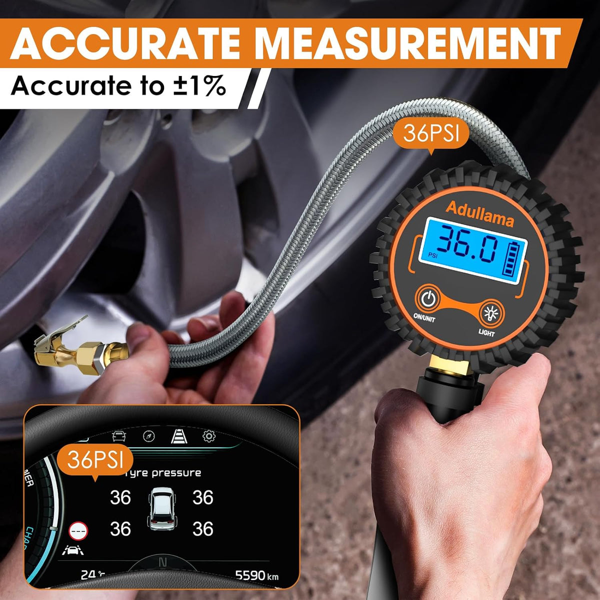 Digital Tire Pressure Gauge with Inflator, 250 PSI Heavy Duty Air Chuck Air Compressor Attachments, Improved Leaks Protection & Stainless Braided Hose Tire Gauge, 0.1 Display Resolution