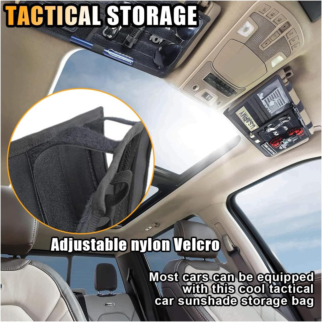 Tactical Molle Car Sun Visor Organizer, Large Molle Visor Panel Storage Pouch Holder, Tactical Gear Truck Storage Shelf, 600D Car Sunshade Storage Bag for Large Vehicle (Black)